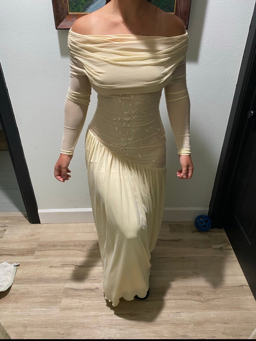 Elegant Off-Shoulder Cream Evening Dress